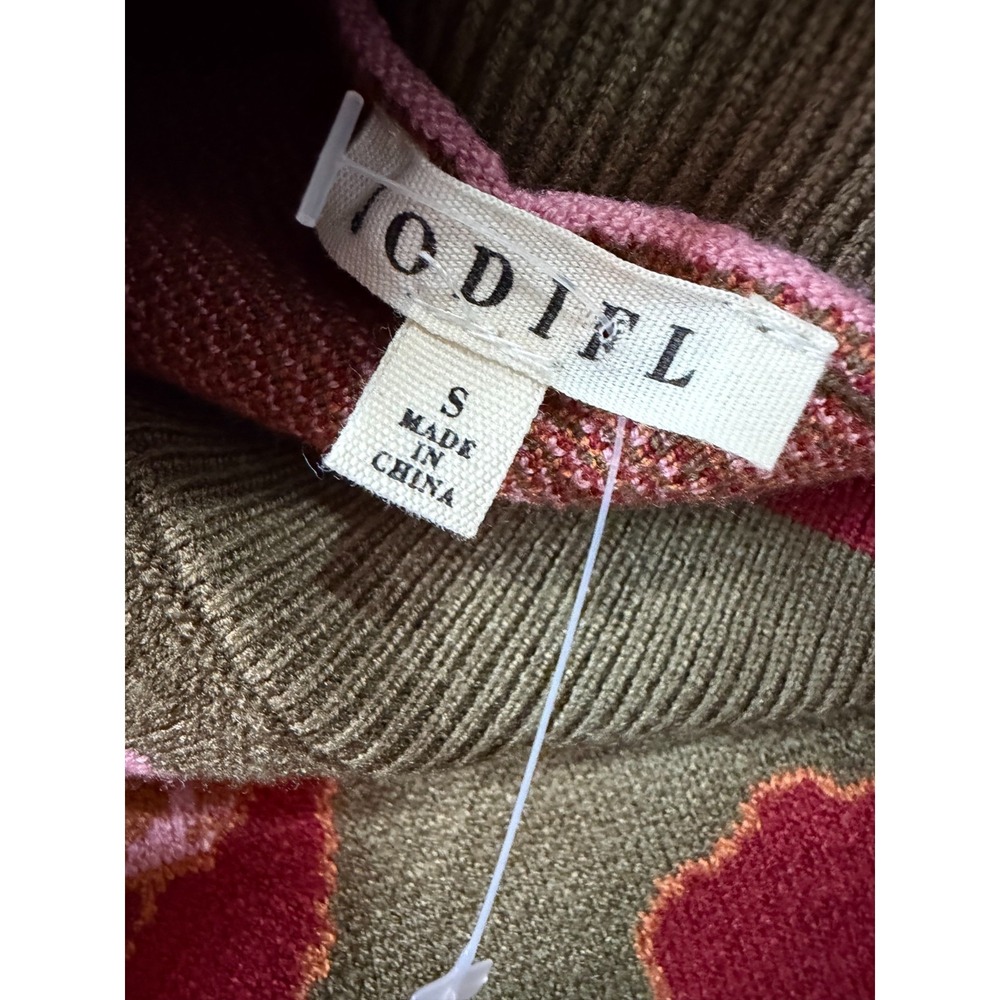 JODIFL Sweater Womens S Olive Green Red Floral Rose Mock Neck Slit Hem Oversized - Picture 4 of 9